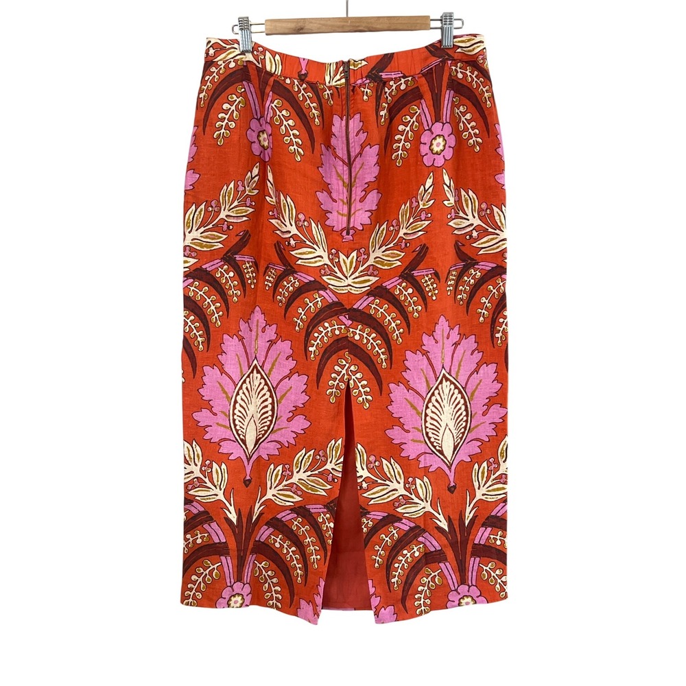 Sundance Womens 14 Orange Pink Floral Linen Midi Pencil Skirt Damask Print Boho - Picture 4 of 6